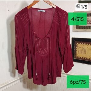 Maurices Burgundy Blouse with Tassel Accents